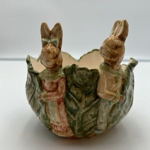 Hand Painted Planter/Dish Lettuce Shaped with Mr. & Mrs Bunny Rabbit